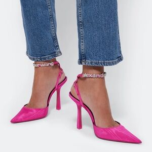 Alexander Wang Delphine Rhinestone Logo Strap Pointed Toe Pump Heels Hot Pink 38